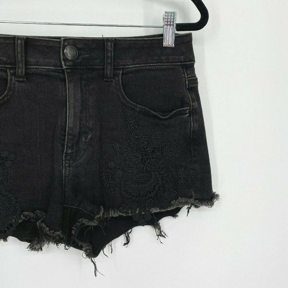 American Eagle Lace Cutoff Jean Short Women Size 4 High Rise Stretch Denim Black - Picture 2 of 11